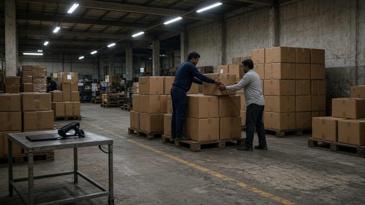 Workers stack cardboard cartons on pallets inside a large Indian warehouse with fluorescent lighting, a handheld scanner on a steel trolley, worn concrete floor, no logos or readable text