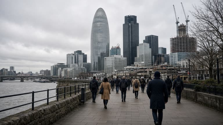 Wide view of London financial district towers under cloudy sky seen from the Thames walkway, commuters in coats, no readable signage or logos