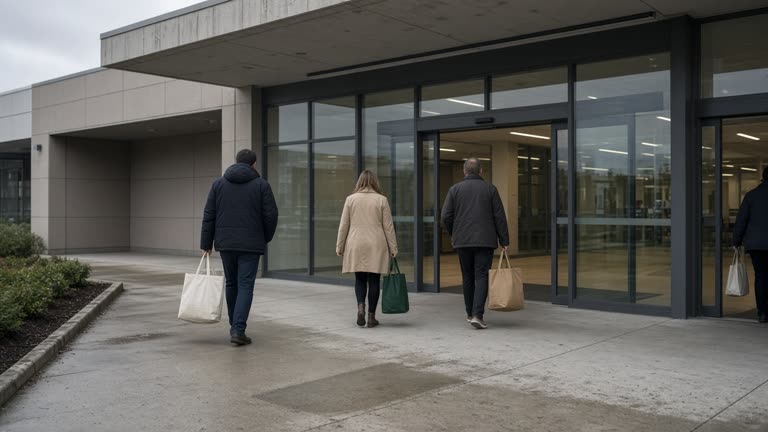 Early-morning shoppers with reusable bags outside a suburban Australian shopping centre entrance, overcast light on concrete and glass doors, no logos or readable text
