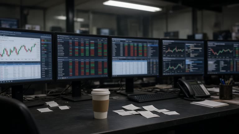 Empty securities trading desk with multiple blurred stock quote monitors showing green and red bars, coffee cup and scattered paper tickets, overhead fluorescent light, no logos or readable text
