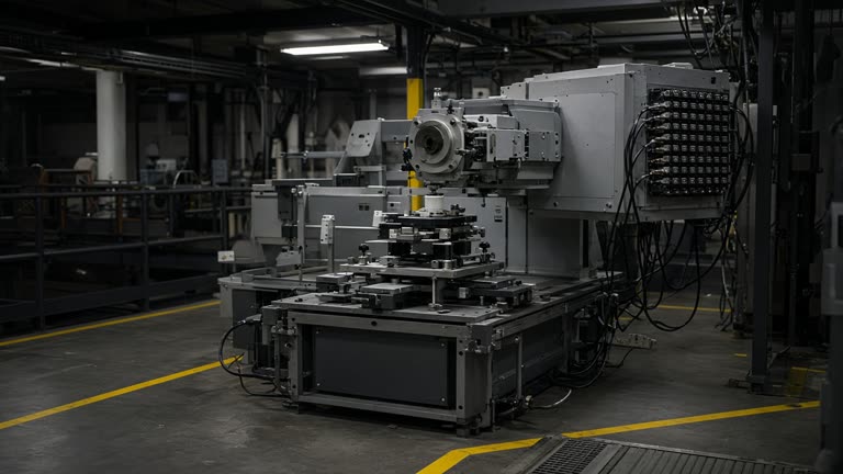 A synchrotron beamline sample stage and detector array in a dim experimental hall with yellow floor safety lines, no logos or readable text