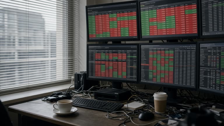 Electronic trading floor monitors showing green and red price tiles in a London brokerage back office, cables and coffee cups on desks, overcast daylight through blinds, no logos or readable text