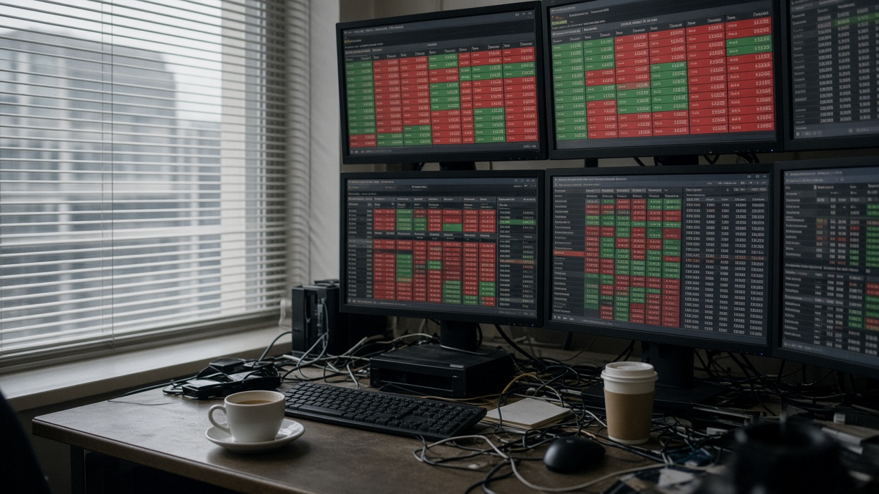 Electronic trading floor monitors showing green and red price tiles in a London brokerage back office, cables and coffee cups on desks, overcast daylight through blinds, no logos or readable text