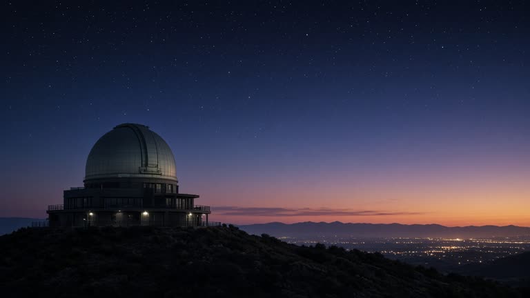 A domed telescope housing on a hilltop at dusk with a faint star field and distant town glow on the horizon, no logos or readable text