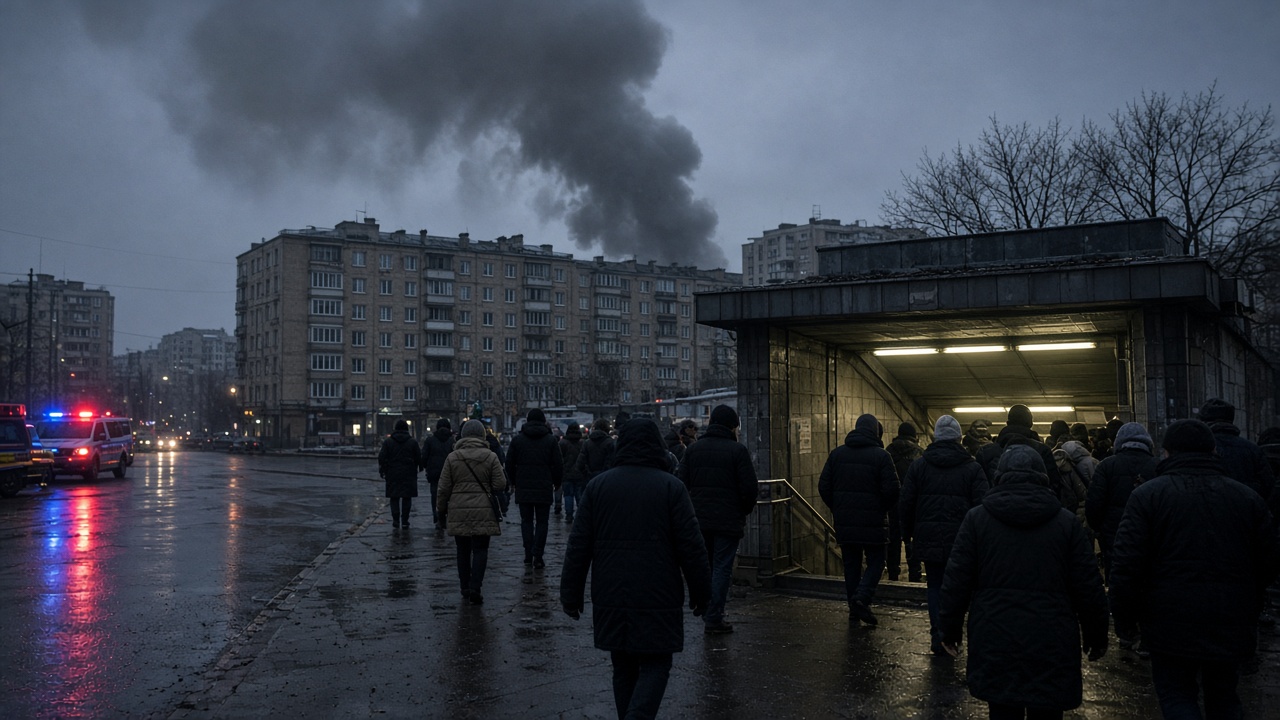 Pre-dawn smoke rising above apartment blocks in Kyiv after air-defence activity, emergency lights on a wet street, residents in winter coats moving toward a metro entrance.