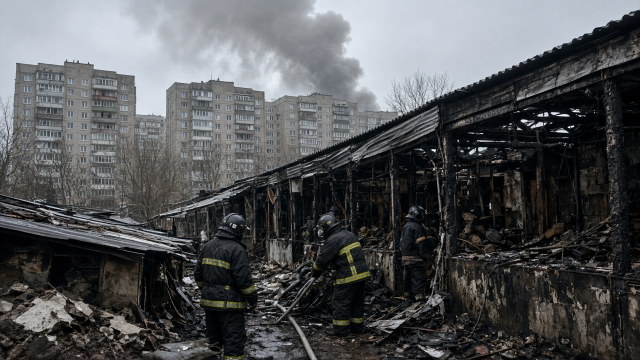 Firefighters work beside burned garage structures in Kyiv’s Darnytskyi district after an overnight Russian missile strike, with smoke rising over apartment blocks in the background.