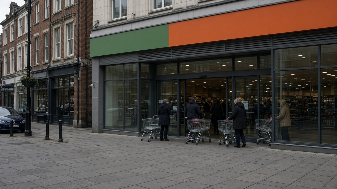 Exterior of a UK supermarket with green and orange fascia on a grey high street, shoppers with trolleys near the entrance, overcast morning light, no logos or readable text