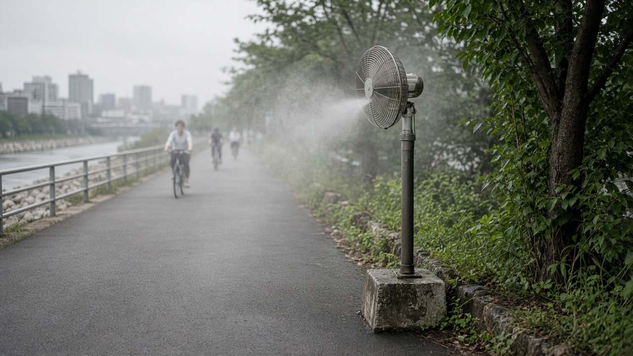 Riverside bike path in Japan with a public misting fan spraying fine water vapor, cyclists blurred in distance, summer haze, no logos or readable text