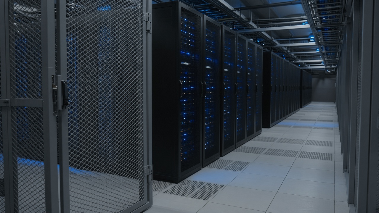 Data center cold aisle with blue LED rack lights, raised floor and cable trays, security cage door ajar, no logos or readable text