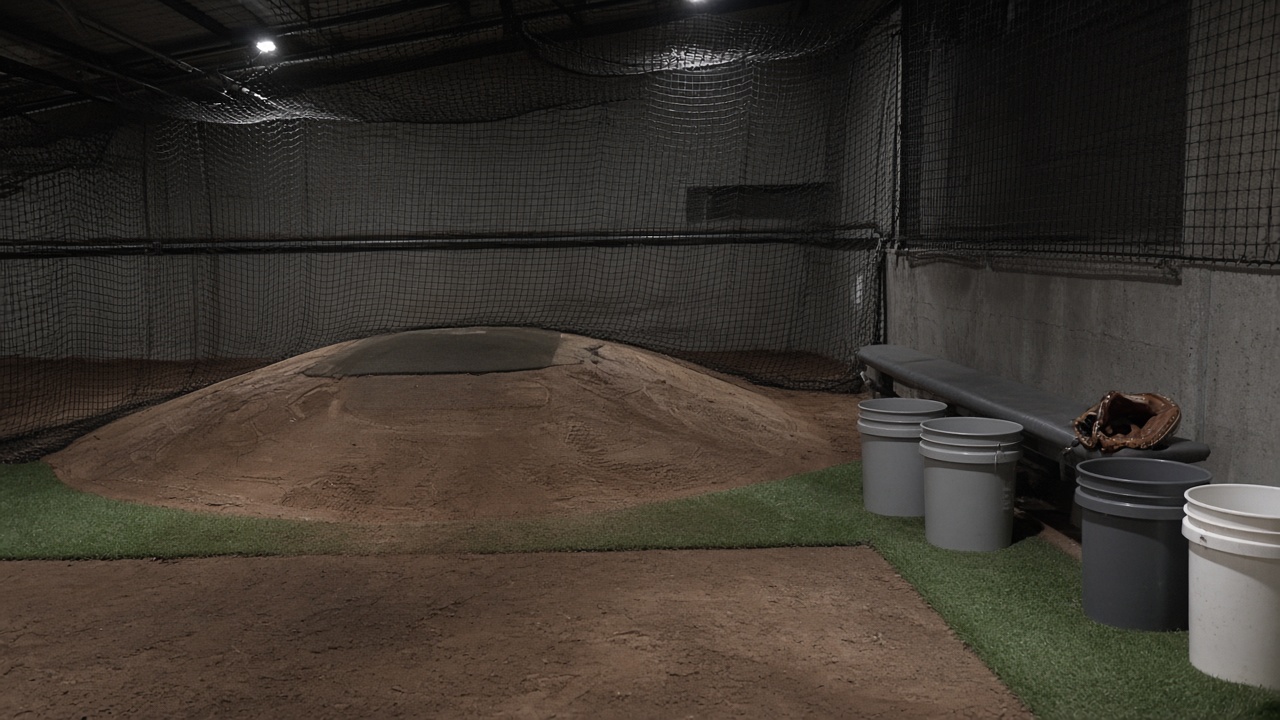 Indoor baseball bullpen mound with clay surface and netting under stadium tunnel lighting, empty buckets and gloves on bench, no logos or readable text