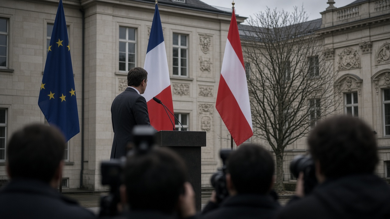 Pedro Sánchez at a lectern in the Moncloa palace courtyard, grey suit, Spanish flags behind him, overcast Madrid morning, photographers in the foreground