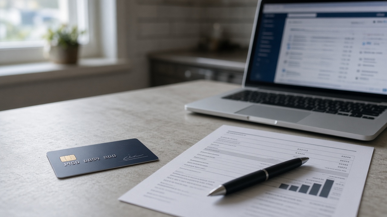 Credit card and paper statement on a kitchen table next to a laptop showing a banking webpage blurred, cool morning light through window, no logos or readable text