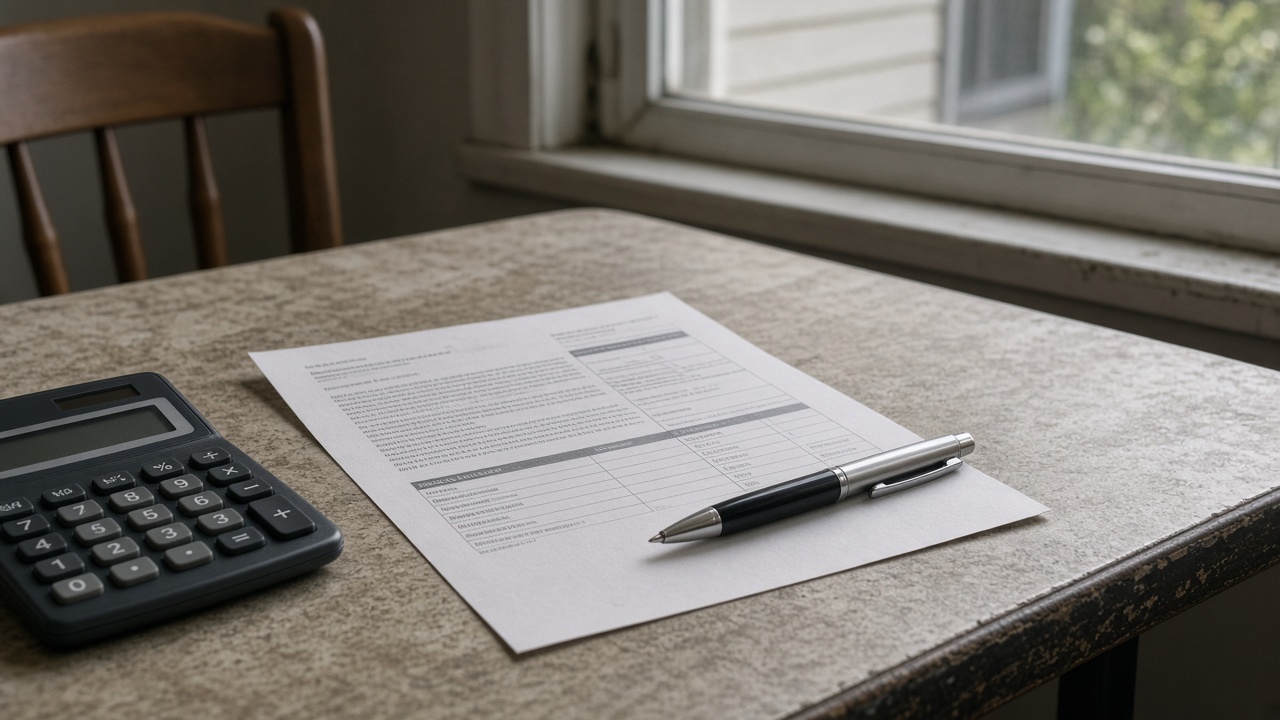 Kitchen table with paper credit card statement, calculator and pen, afternoon window light, worn laminate surface, no bank logos or readable account numbers