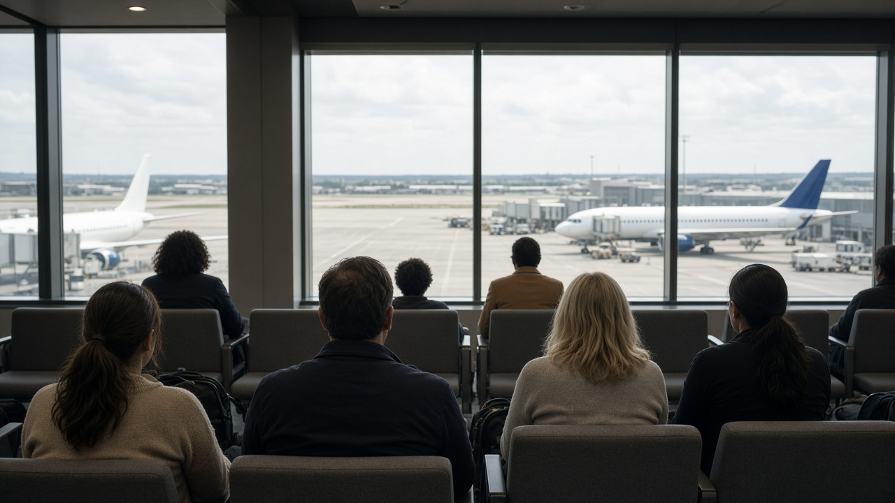 Business travelers seated in a quiet airport lounge with floor-to-ceiling windows overlooking parked jets, neutral upholstery and soft daylight, no logos or readable text
