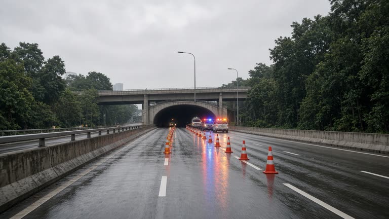 Singapore expressway scene with police cones narrowing lanes toward a tunnel entrance, emergency lights reflecting on wet asphalt in late afternoon.