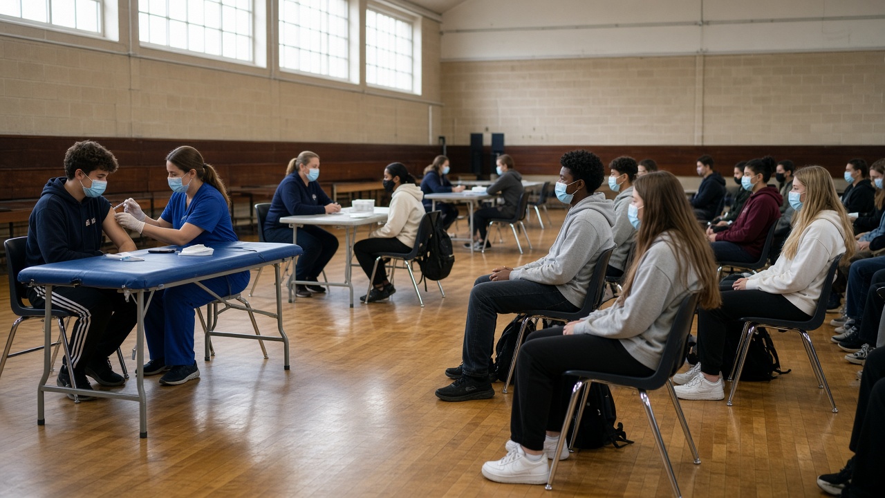 Photoreal school hall converted to a vaccination clinic with nurses at folding tables and students waiting in chairs, daylight through high windows, no logos or readable text