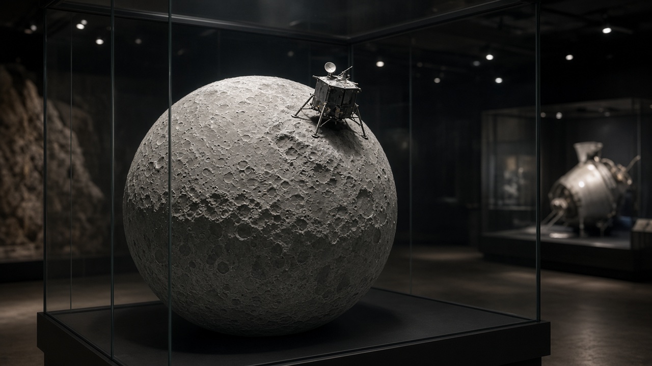 Science museum display of a grey lunar globe with a small lander model on a crater rim, dim exhibit lighting, no readable text on placards