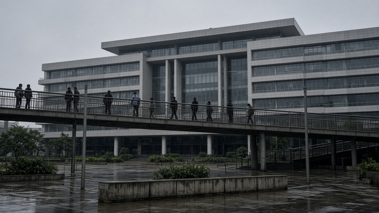 Wide view of the National Stock Exchange building in Mumbai with traders’ silhouettes on an overhead walkway, overcast monsoon sky, damp concrete, no logos or readable text