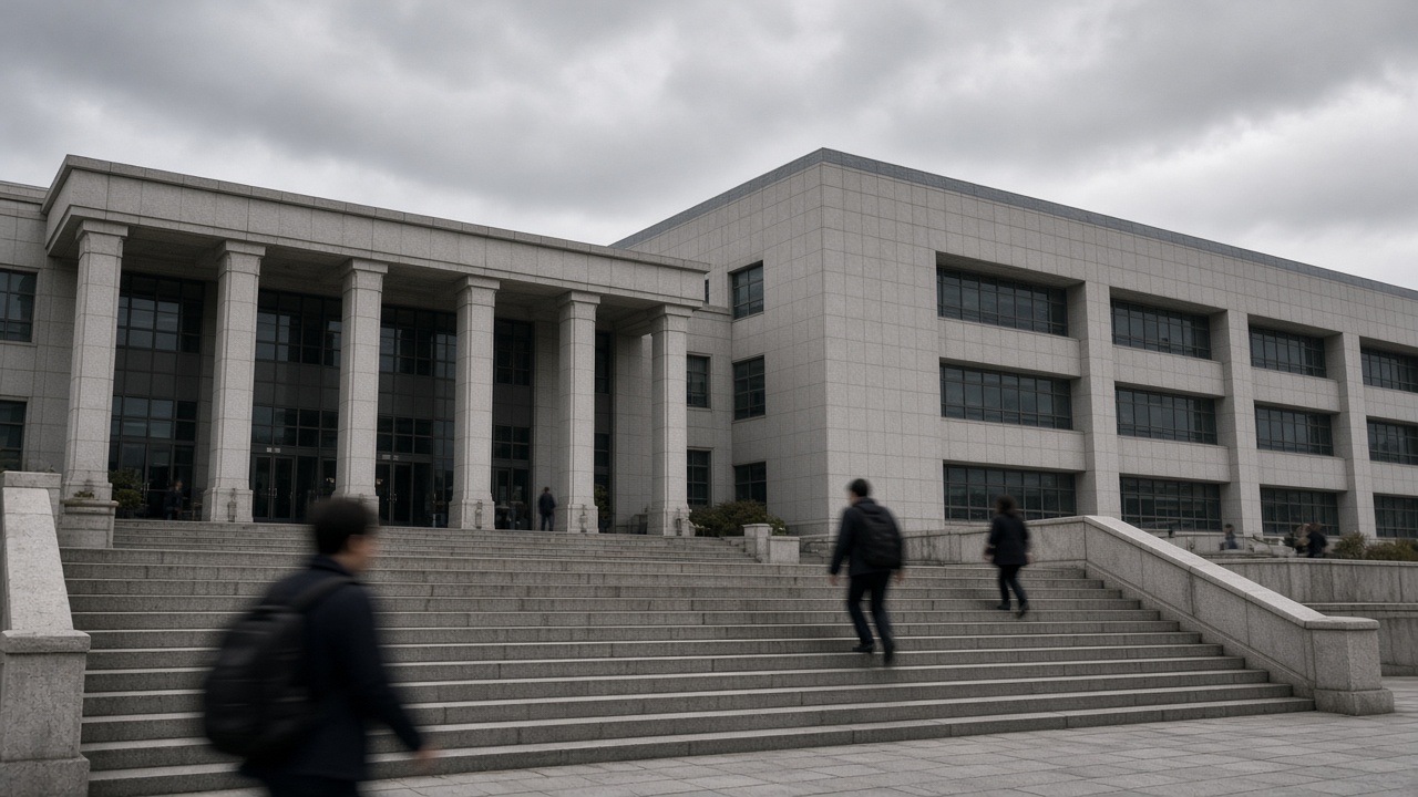 Exterior of a Seoul district courthouse with stone steps and overcast sky, pedestrians blurred, no logos or readable text