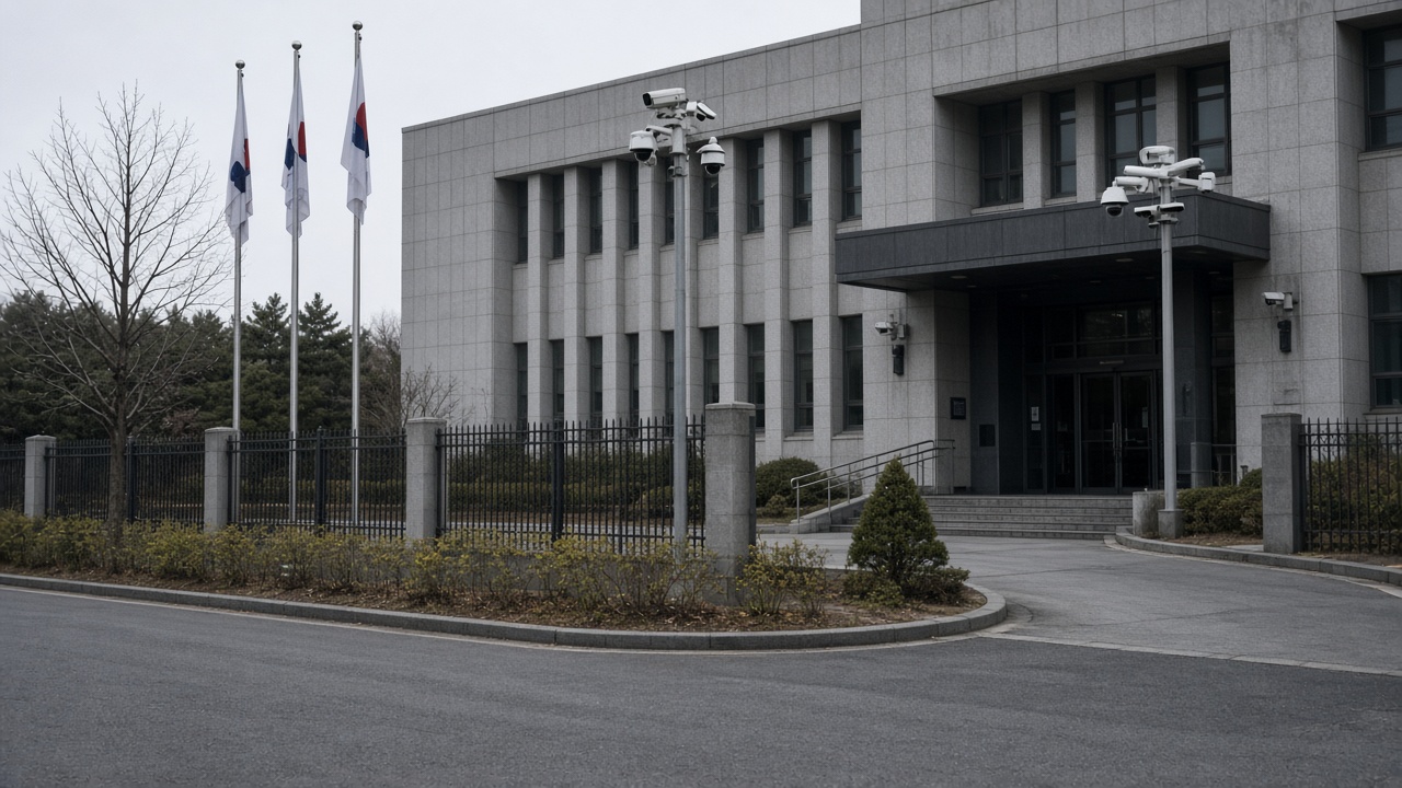 National Intelligence Service headquarters facade in Seoul on an overcast morning, security cameras and flagpoles visible