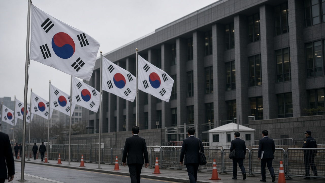 South Korean foreign ministry flags hang outside the government complex in Seoul on a grey morning as officials walk past security barriers