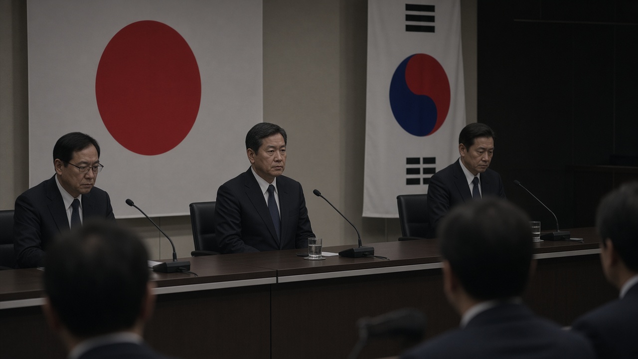 Defense ministry conference room in Tokyo with flags of Japan and South Korea behind a long table where officials in dark suits sit before microphones, photographed from the press gallery with slight underexposure
