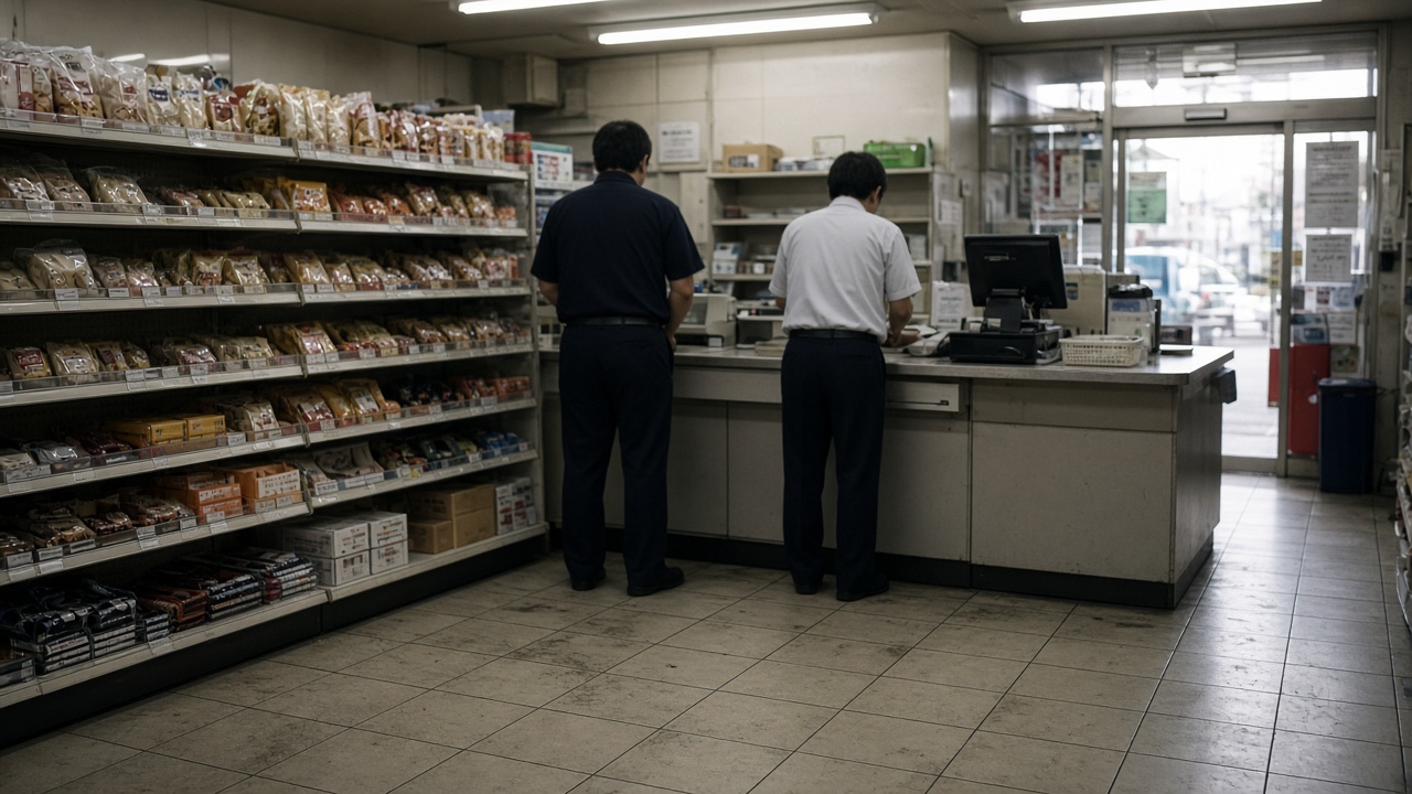 Interior of a Japanese convenience store at dawn with fluorescent lighting, stocked shelves and a checkout counter, staff figures seen from behind without recognizable faces, worn floor tiles, no logos or readable text