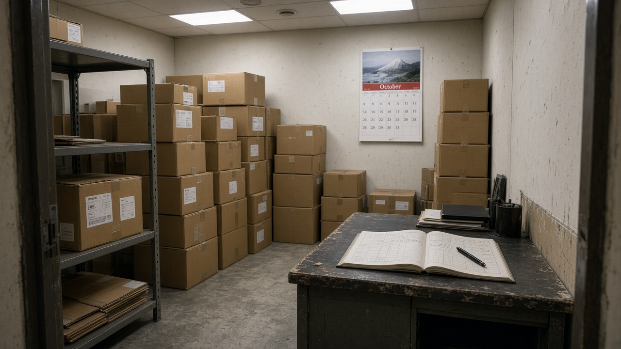 Interior of a Japanese convenience store back office with stacked inventory boxes, a wall calendar marked October, fluorescent ceiling panels, and a franchise fee ledger on a worn desk, no logos or readable text