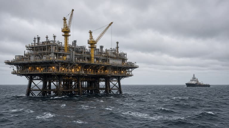 Offshore gas platform on the North Sea under grey October skies, yellow maintenance cranes on the deck, North Sea chop, distant supply vessel, sodium deck lights starting to glow, no logos or readable text