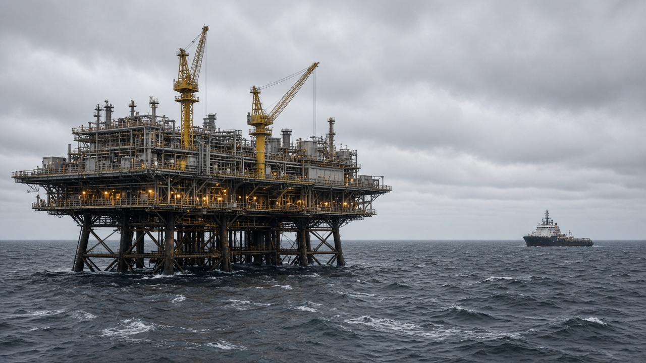 Offshore gas platform on the North Sea under grey October skies, yellow maintenance cranes on the deck, North Sea chop, distant supply vessel, sodium deck lights starting to glow, no logos or readable text
