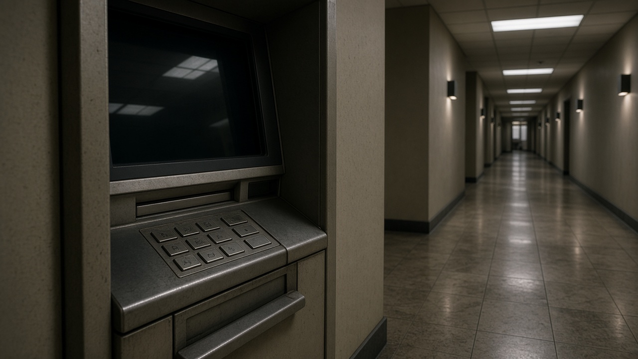 Indoor hotel lobby ATM with a worn keypad and reflection of fluorescent ceiling panels, empty corridor, no people faces, no logos or readable text