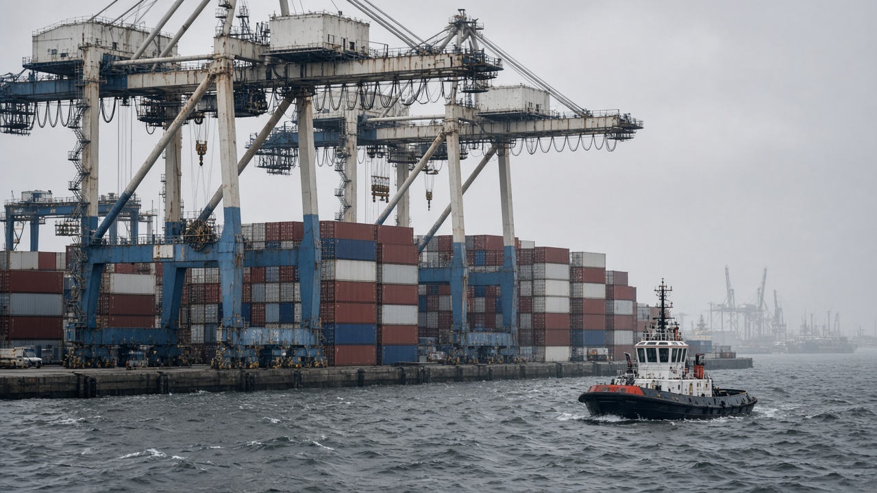Busan container terminal gantry cranes at overcast dawn, stacked containers and a tug in the channel, grey sea haze, worn paint on steel, no logos or readable text