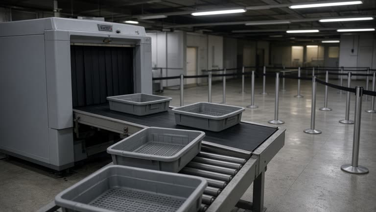 An airport security checkpoint with gray plastic bins on a conveyor belt and empty stanchions under harsh overhead lights, no logos or readable text
