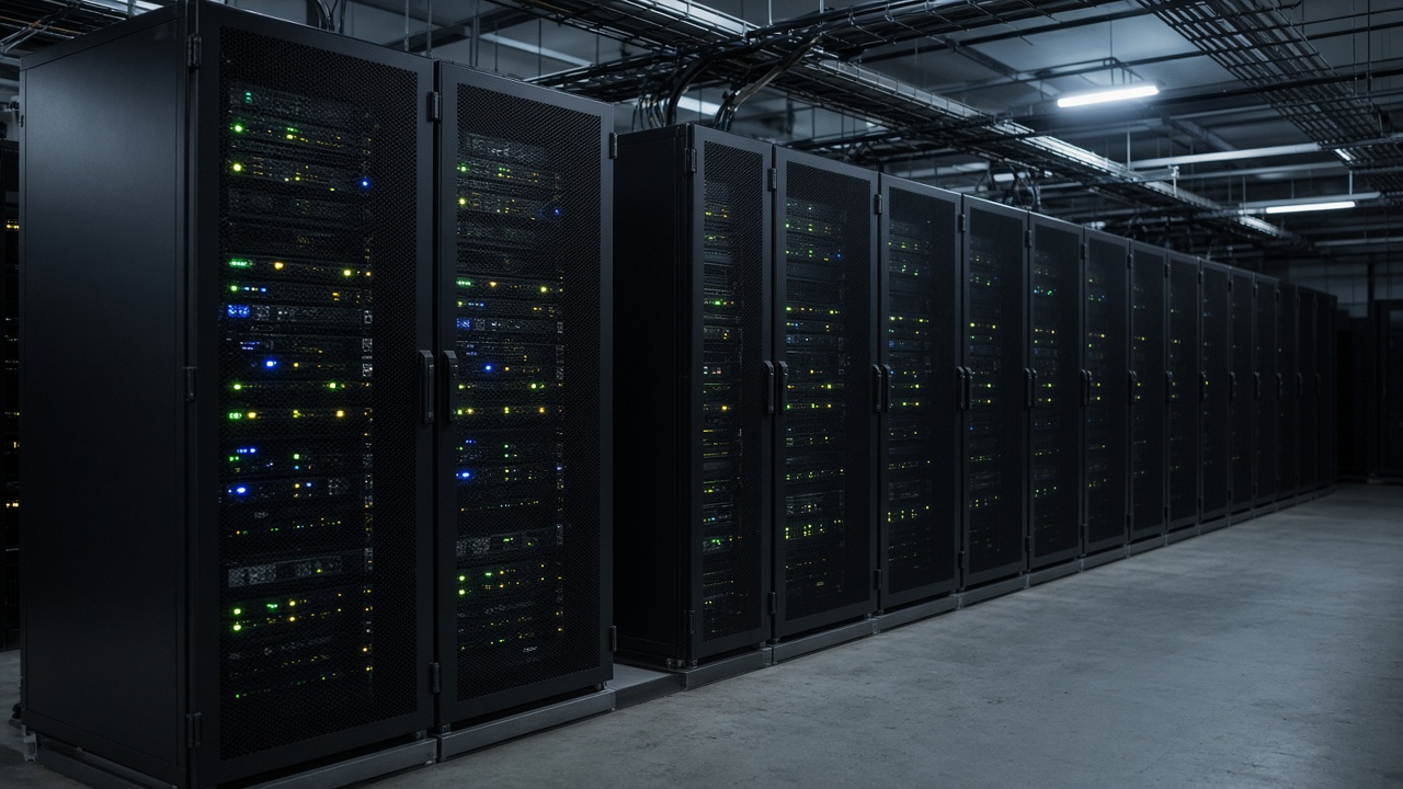 Rows of black server racks with blinking status LEDs in a chilled data hall, cable trays overhead, cool fluorescent light, no logos or readable text