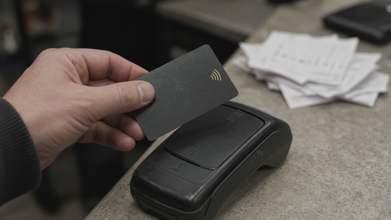 Close-up of hands holding a contactless credit card above a payment terminal on a shop counter with blurred receipts, no readable card numbers or logos