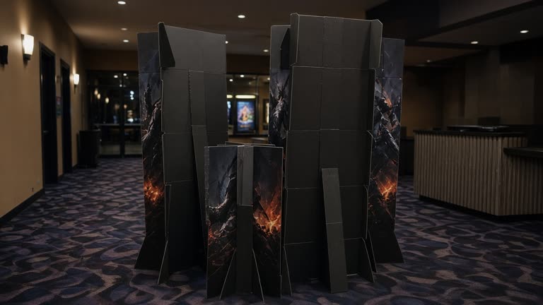 Movie theater lobby with stacked promotional standees facing away from camera, dim carpet, no people, no readable text on posters