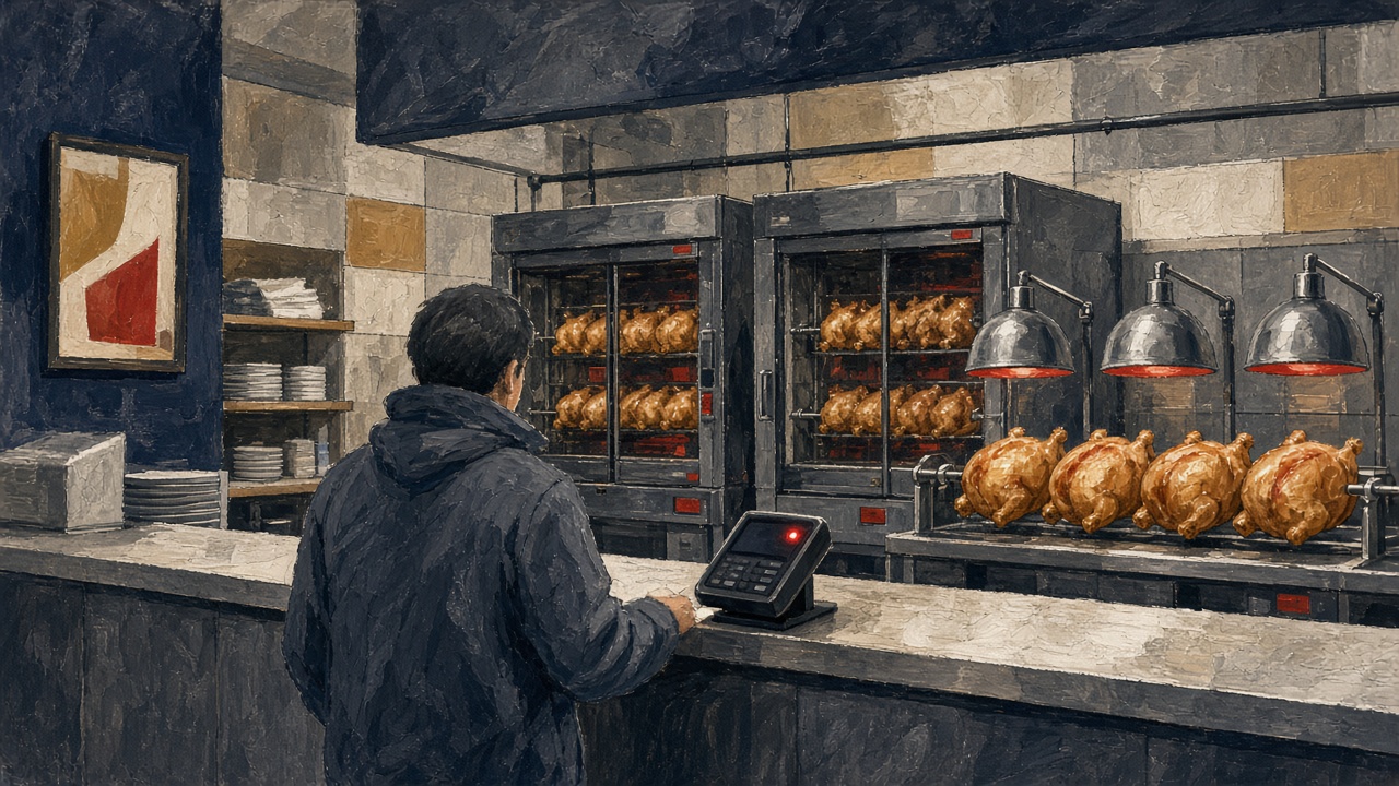 Supermarket deli with rotisserie ovens and a payment terminal showing a declined EBT readout