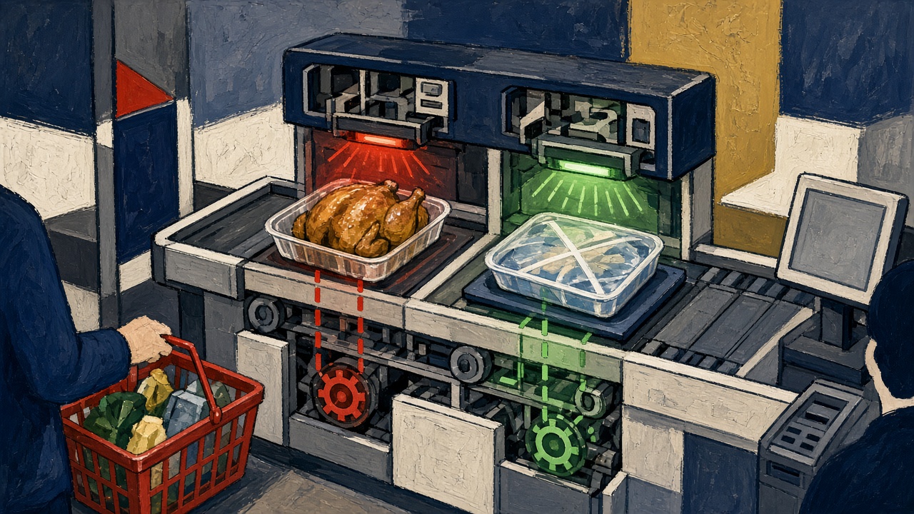 Cutaway of a supermarket checkout lane showing a hot rotisserie chicken barcode rejected while a cold packaged chicken scans as eligible
