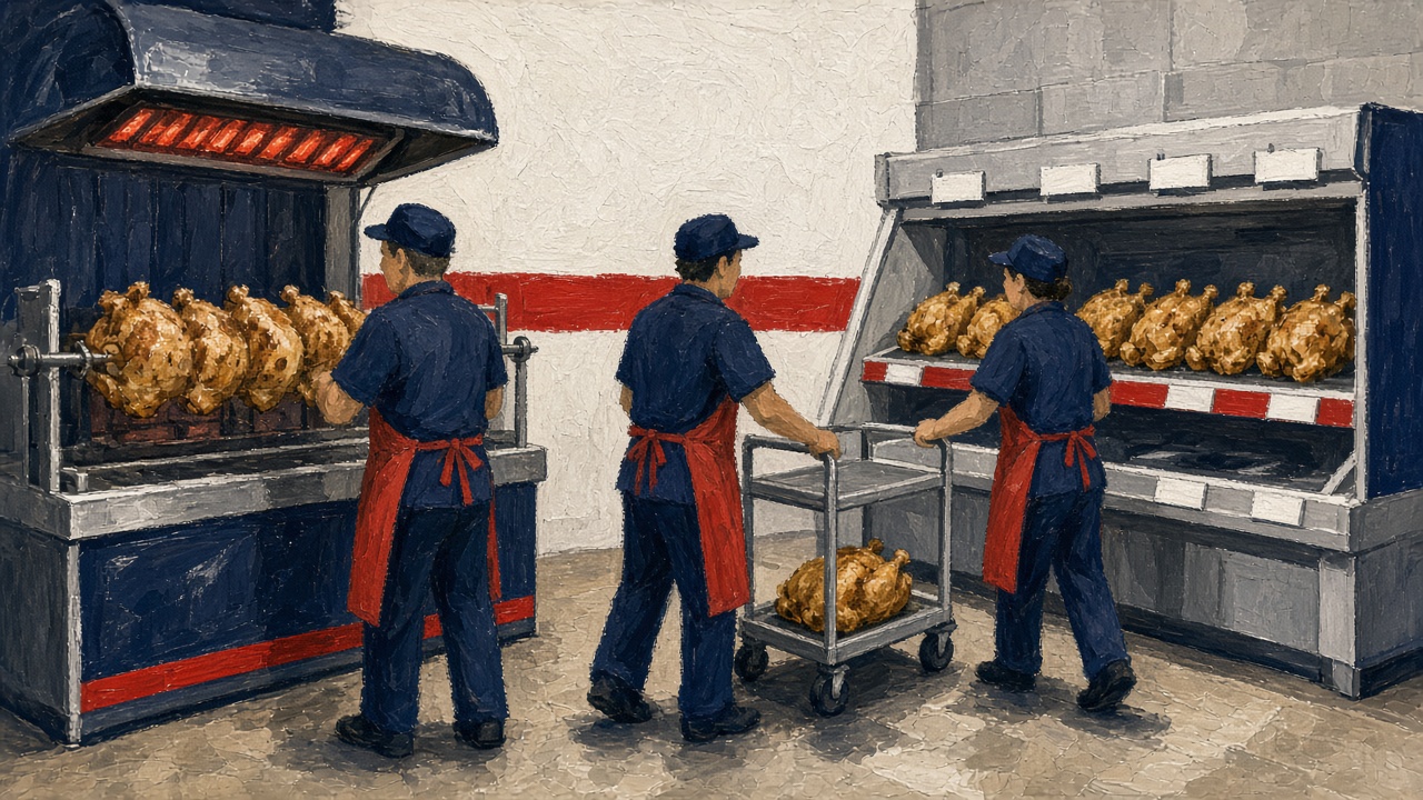 Rotisserie chickens cooling on a refrigerated rack beside still-hot birds under lamps