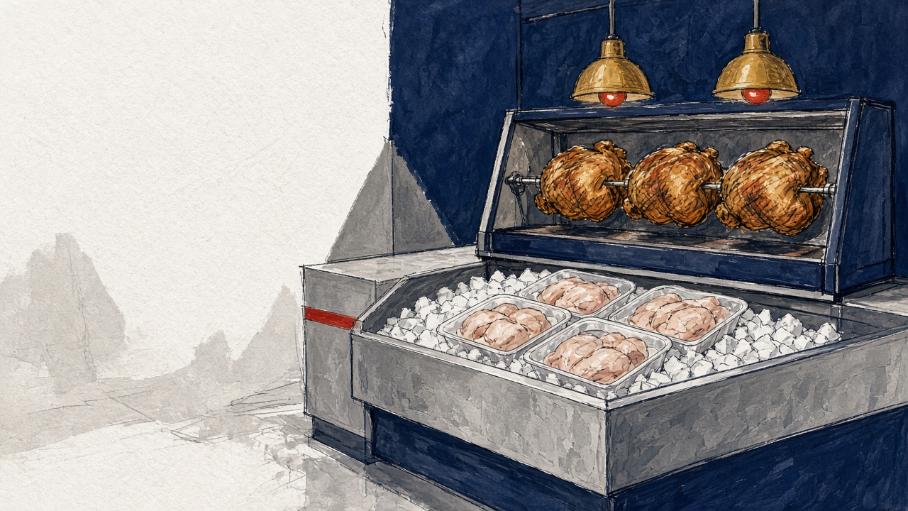 Grocery deli rotisserie chickens under heat lamps beside raw packaged poultry