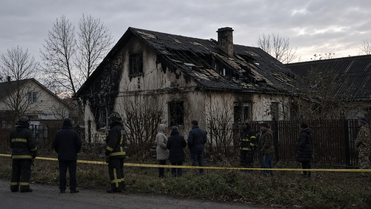 Firefighters and residents near a damaged suburban house after an overnight drone strike in Moscow Oblast, grey dawn light, emergency tape, wire-photo composition