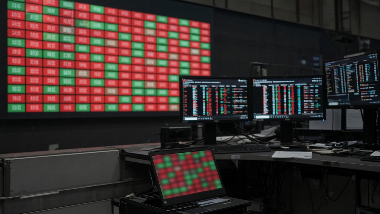 Wide view of an electronic stock exchange board with red and green price tiles reflected on a trader workstation, dim trading floor lighting, cables and monitors, no readable ticker text or logos