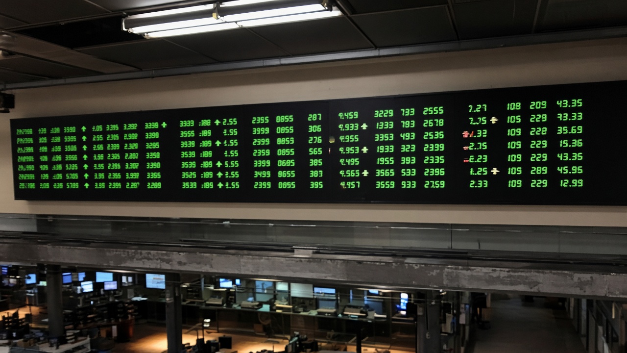 Electronic ticker board showing green stock symbols above a trading floor balcony, fluorescent overhead light, slight motion blur on numbers, no readable company names or logos