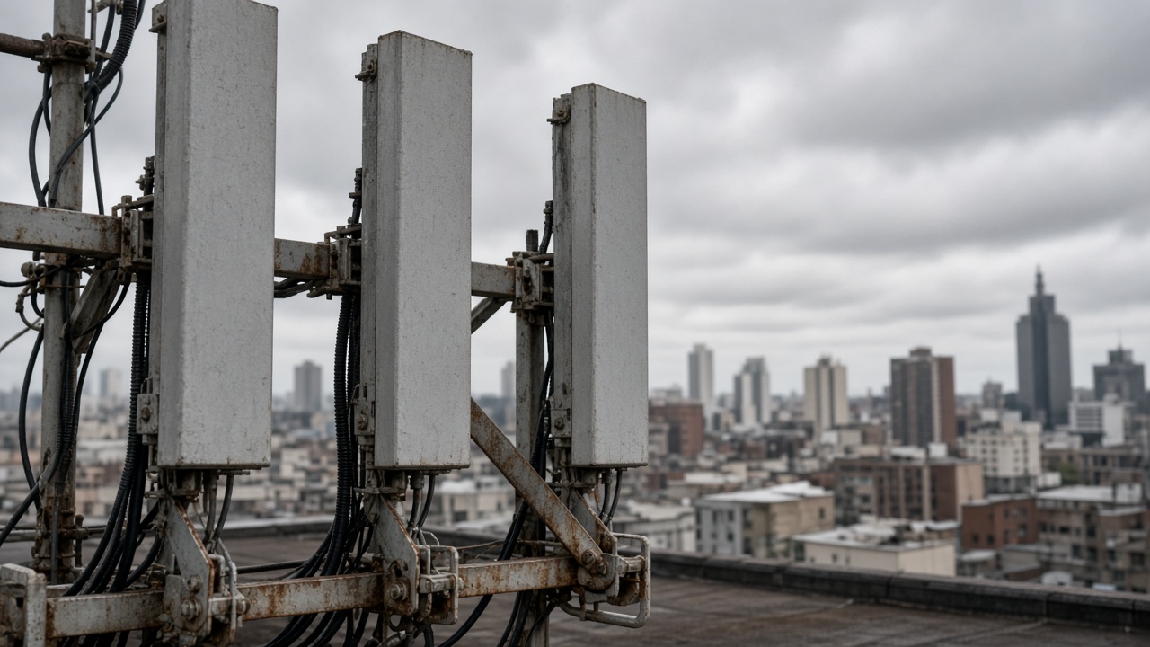 Rooftop cellular antenna panels against overcast sky, rusted mounting brackets, urban skyline soft in background, no logos or readable text