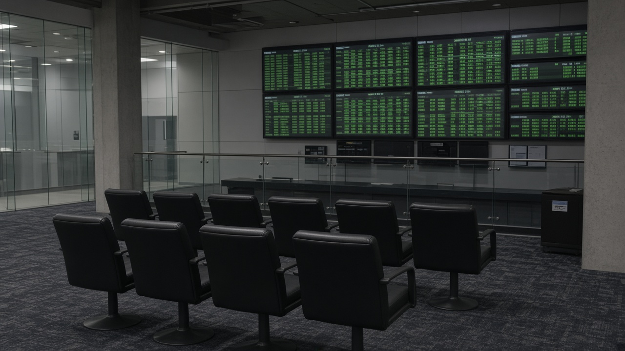 Sydney stock exchange floor viewing gallery empty chairs, screens showing green market ticks without readable text, fluorescent office lighting, no logos or readable text