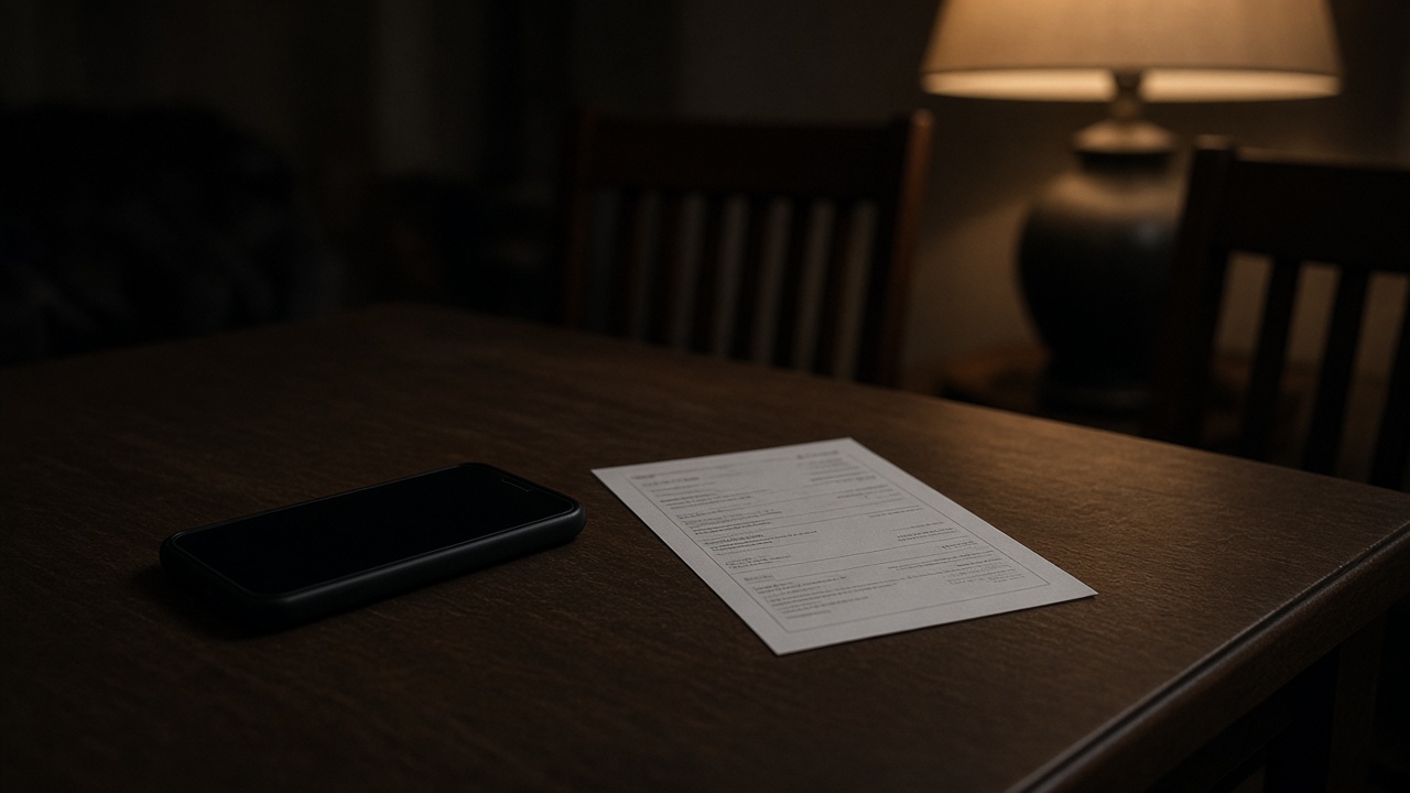 Photoreal home dining table with a smartphone showing a blurred marketplace chat beside a printed parcel label, evening lamp light, no logos or readable text