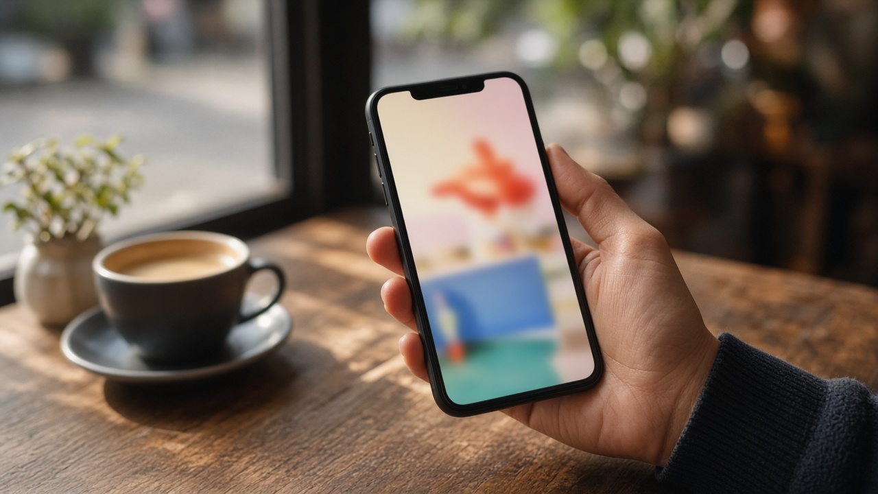 Hand holding a smartphone showing a blurred social media shopping advertisement, cafe table background, afternoon light, no readable text or logos