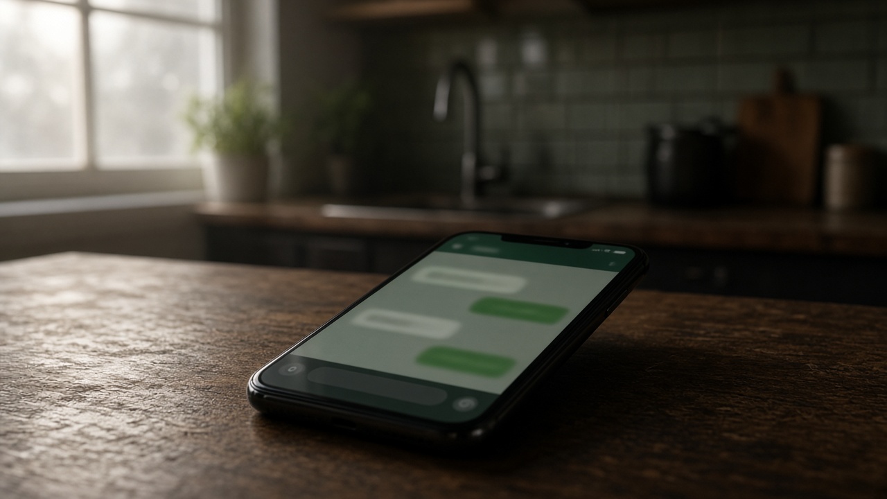 Smartphone on a kitchen table showing a green messaging app interface with blurred message bubbles, afternoon window light, no readable text or faces