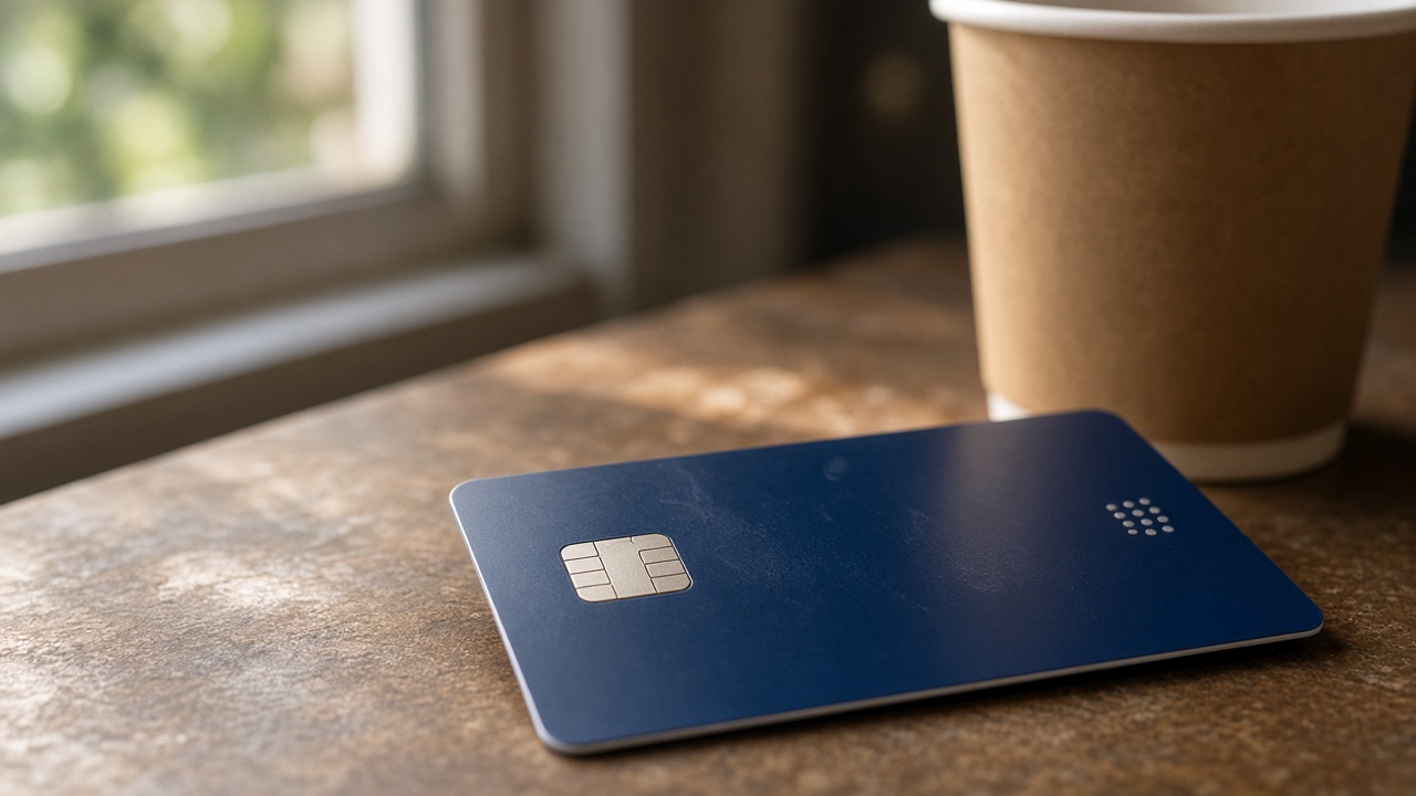 Close-up of a rewards credit card on a café table next to a paper coffee cup, shallow depth of field, afternoon window light, embossed chip visible but no readable card numbers or bank logos