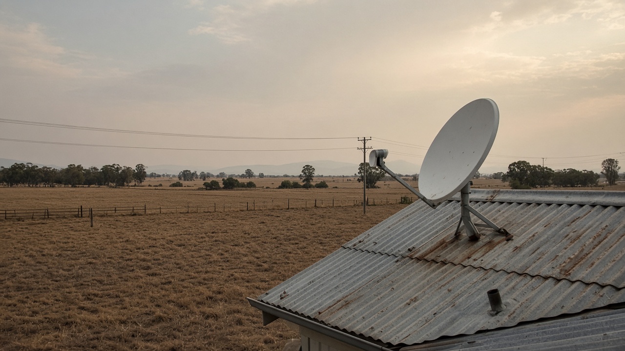 A white satellite dish on a corrugated iron farmhouse roof against a wide brown paddock under hazy afternoon sun, power lines in the distance, no logos or readable text
